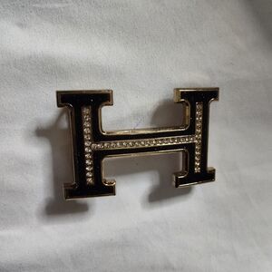 Gold H Belt Buckle Encrusted with Rhinestones Gold and Black 3"x2"